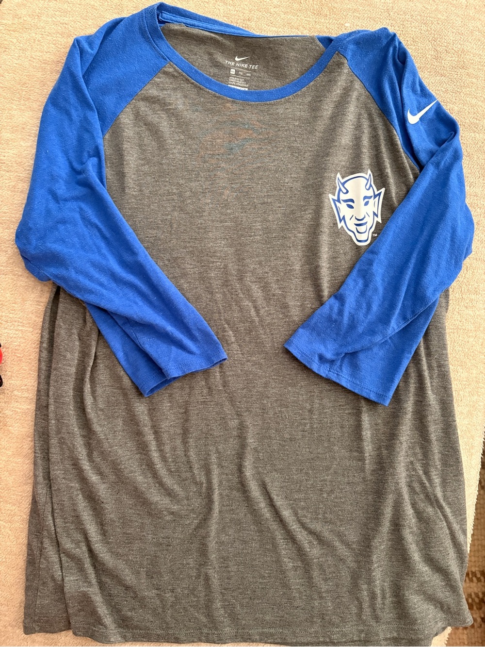 Nike Gray Tee with Royal Blue Raglan Sleeves and Duke Devil Chest Logo